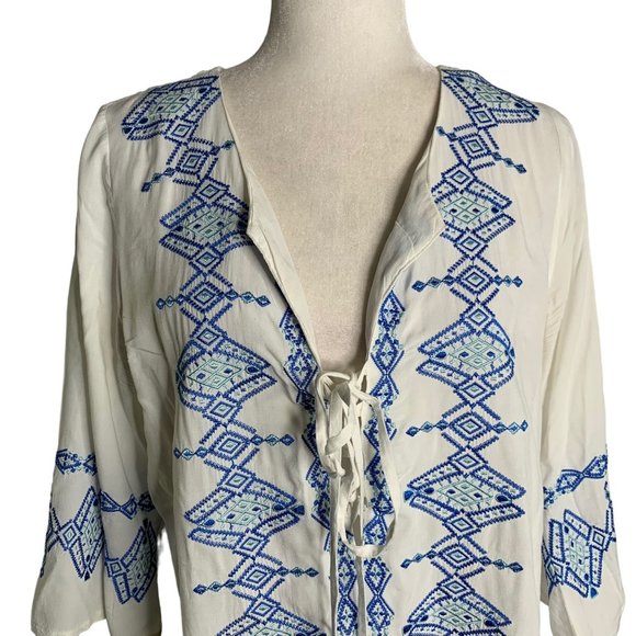 Solitaire Boho Cover Up Embroidered Tunic M White V Neck Lace Up Tassels - Picture 2 of 7